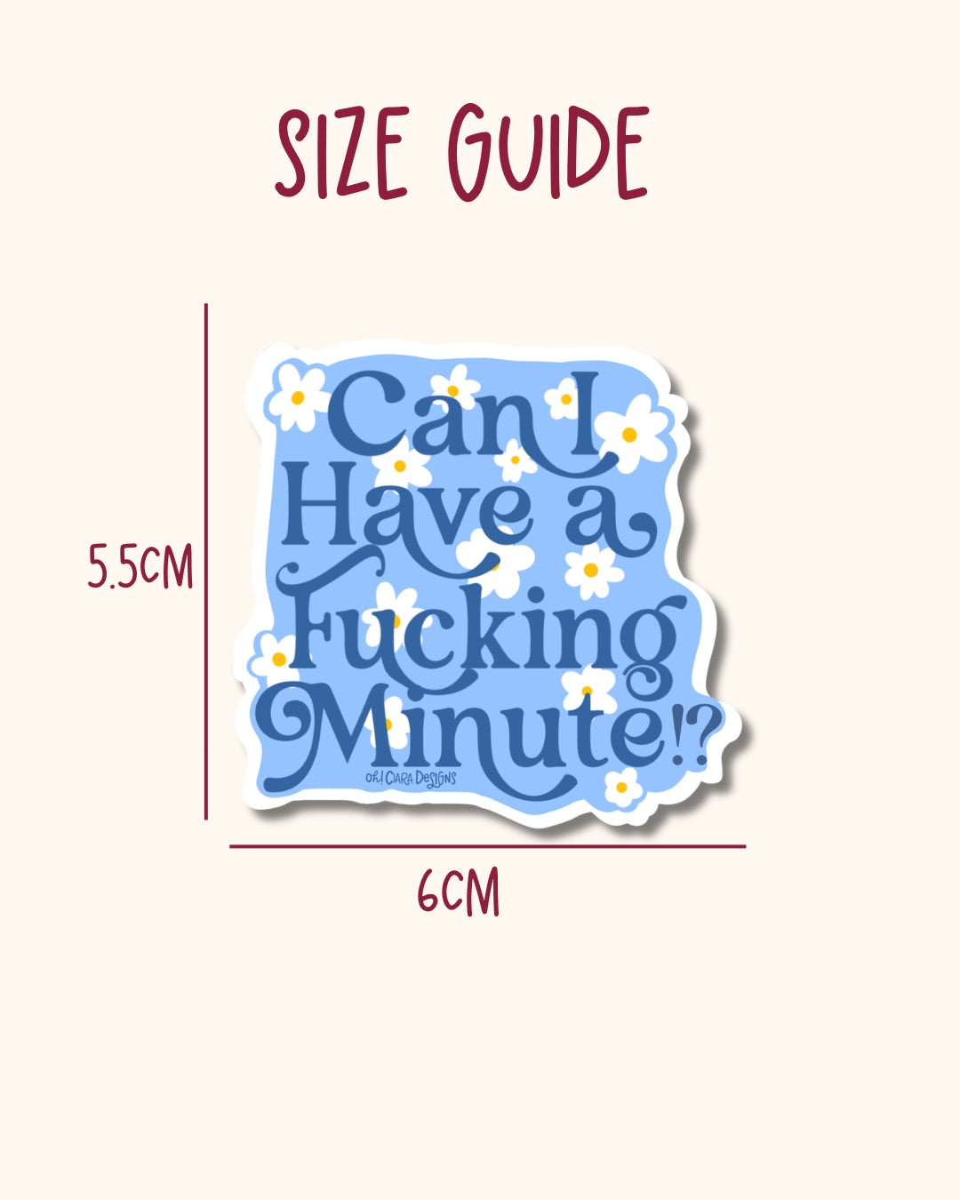 Size guide for a blue sticker with text and floral design on a white background